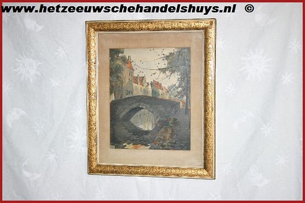 Schilderij dorp met brug